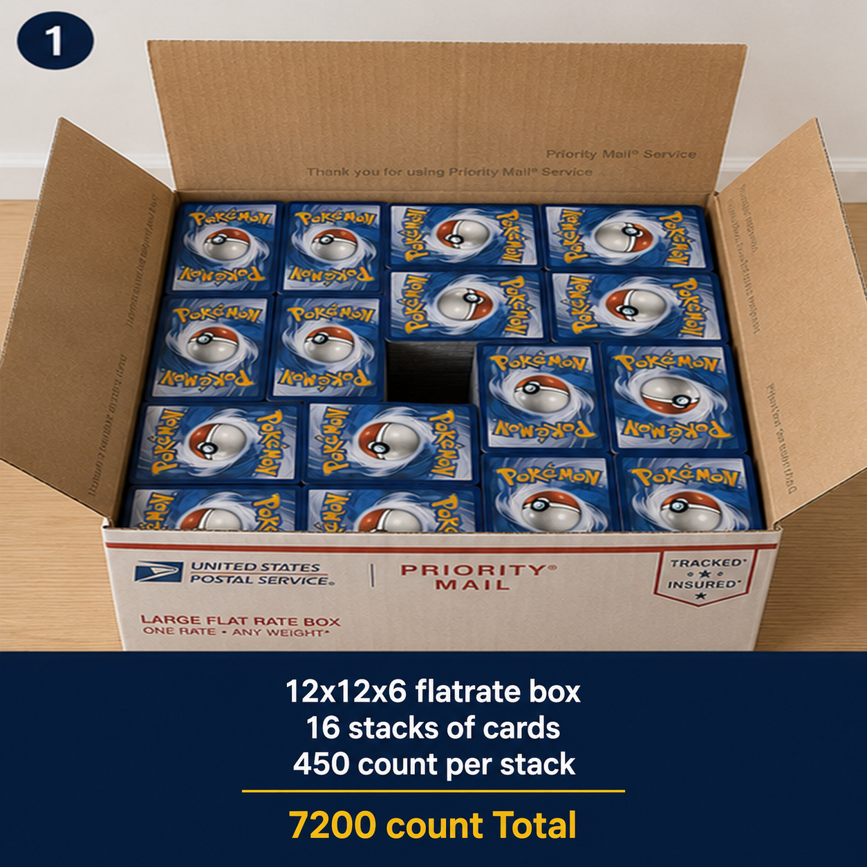 Properly Packed Flat-Rate Box. Open USPS Priority Mail Large Flat Rate Box packed with approximately 7,200 Pokémon cards in vertical stacks.