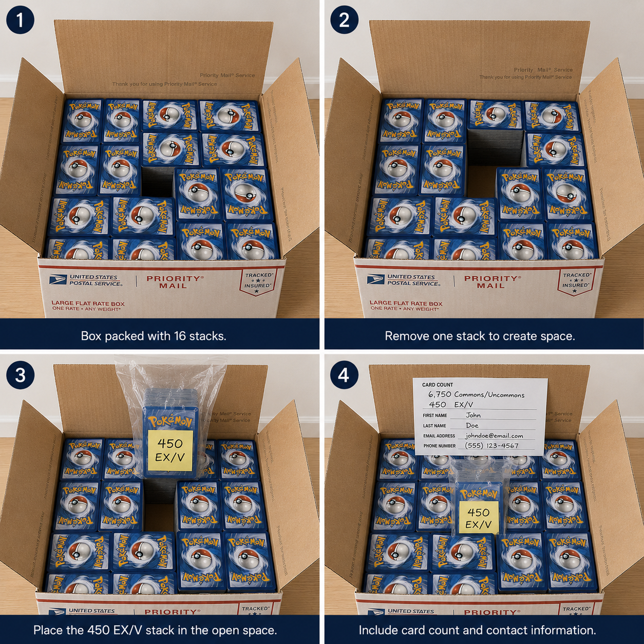 Pokémon Commons, Reverse Holos, Holo Rares, and EX/V cards separated and labeled before shipping to BulkX.