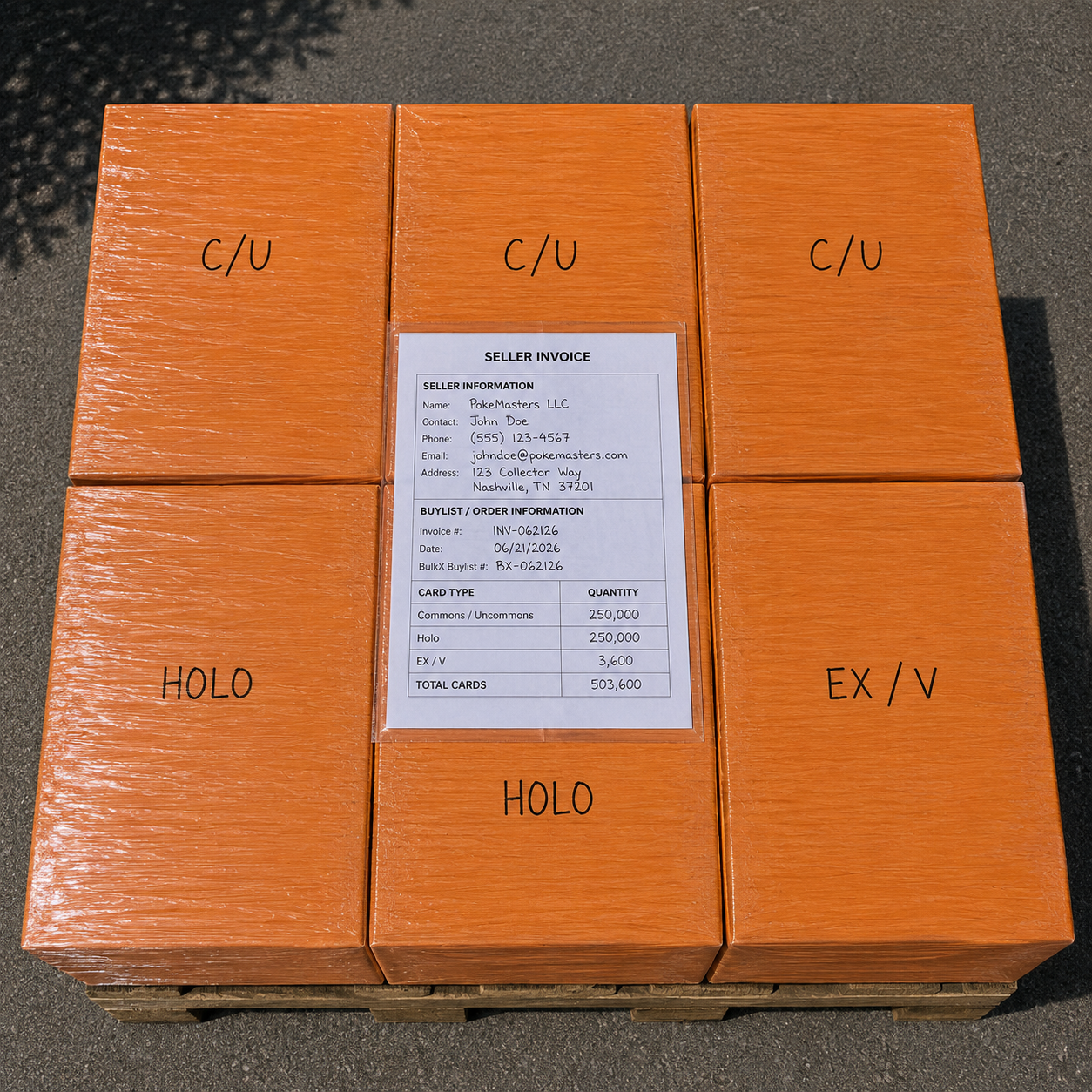 Securely wrapped shipping box prepared for a Pokémon bulk shipment to BulkX with invoice attached.