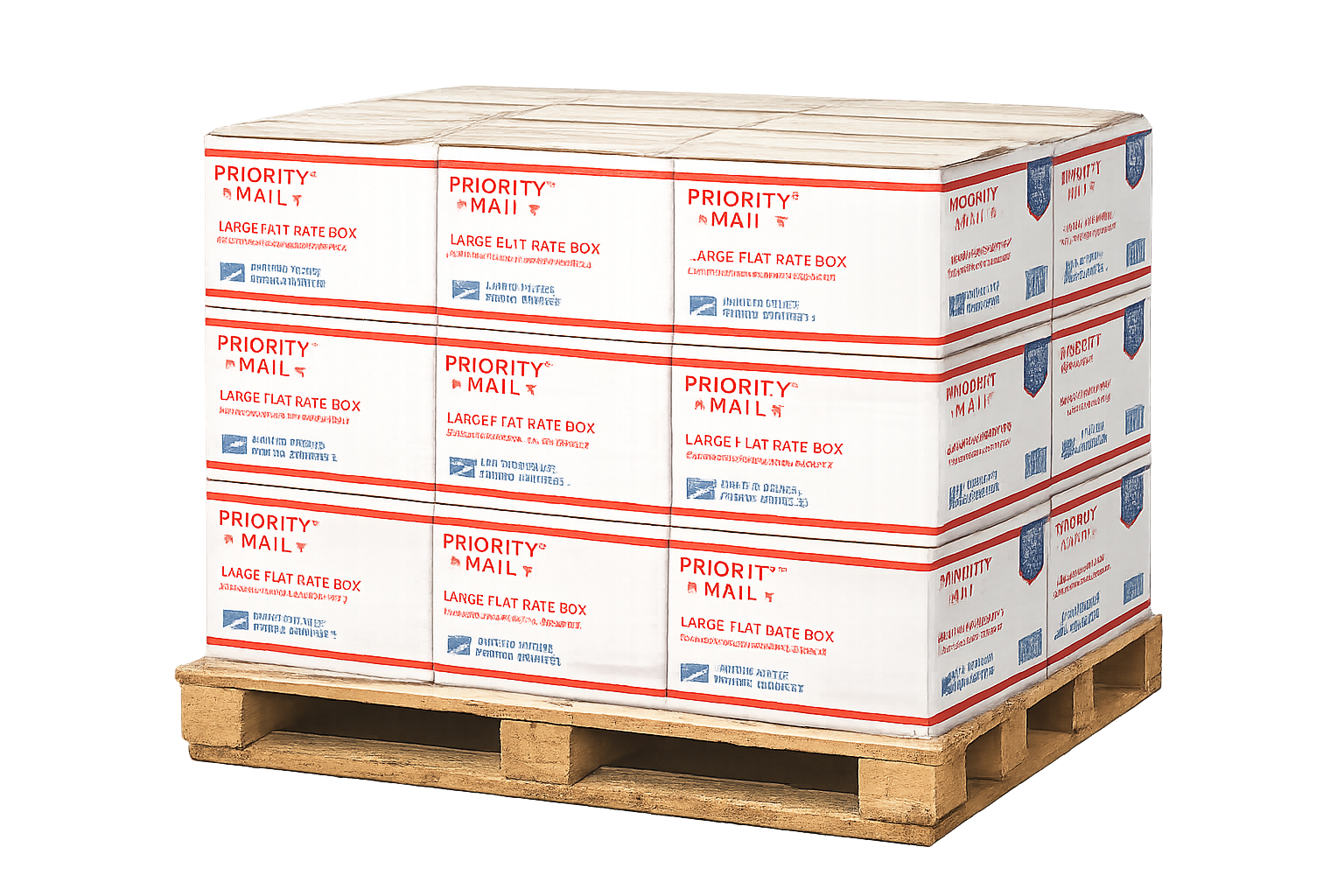 USPS Priority Mail boxes stacked on a wooden pallet